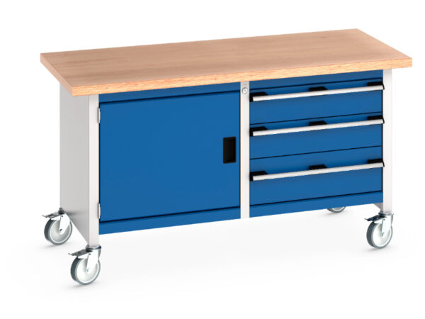 Rolling Stoarge Cupboard Storage Workbench - Cubio Mobile Storage Bench (Mpx) Full Cupboard Storage / 3 Drawers. WxDxH: 1500X750X840mm Ral 7035/5010 _SKU-41002100.11V