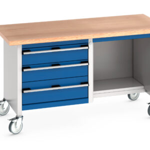 Rolling Workbench Storage Cabinet - Cubio Mobile Storage Bench (Mpx) 3 Drawers / Open-1/2 Base Shelf. WxDxH: 1500X750X840mm Ral 7035/5010 _SKU-41002115.11V