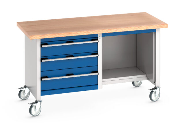 Rolling Workbench Storage Cabinet - Cubio Mobile Storage Bench (Mpx) 3 Drawers / Open-1/2 Base Shelf. WxDxH: 1500X750X840mm Ral 7035/5010 _SKU-41002115.11V