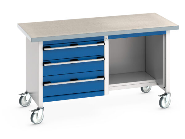 Rolling Stoarge Drawers Workbench - Cubio Mobile Storage Bench (Lino) 3 Drawers / Open-1/2 Base Shelf. WxDxH: 1500X750X840mm Ral 7035/5010 _SKU-41002117.11V
