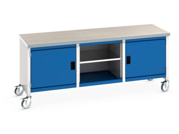2M Mobile Workbench with Cupboard Storage - Cubio Mobile Storage Bench (Lino) Full Cupboard Storage / Mid Shelf /Full Cupboard Storage. WxDxH: 2000X750X840mm Ral 7035/5010 _SKU-41002120.11V