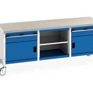 Wheeled Heavy Duty Steel Workbench Storage Cabinet - Cubio Mobile Storage Bench (Lino) 1 Drwr-Door / Mid Shelf / 1 Drwr-Door. WxDxH: 2000X750X840mm Ral 7035/5010 _SKU-41002123.11V