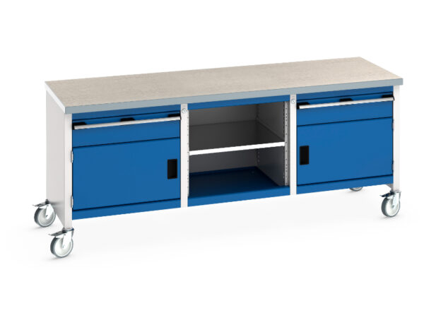 Wheeled Heavy Duty Steel Workbench Storage Cabinet - Cubio Mobile Storage Bench (Lino) 1 Drwr-Door / Mid Shelf / 1 Drwr-Door. WxDxH: 2000X750X840mm Ral 7035/5010 _SKU-41002123.11V