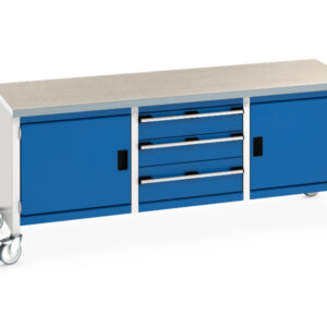 Workbench with Wheels And Drawers - Cubio Mobile Storage Bench (Lino) Full Cupboard Storage / 3 Drw / Full Cupboard Storage. WxDxH: 2000X750X840mm Ral 7035/5010 _SKU-41002126.11V