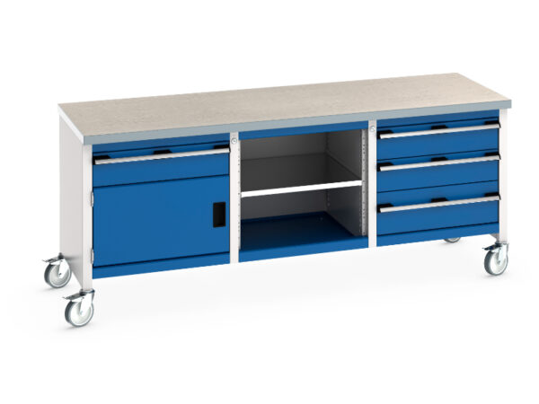 Industrial Workbenches On Castors - Cubio Mobile Storage Bench (Lino) 1 Drawer-Door / Mid Shelf / 3 Drawers. WxDxH: 2000X750X840mm Ral 7035/5010 _SKU-41002129.11V