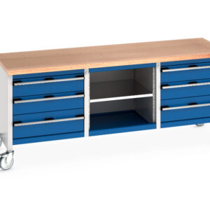 Rolling Workbench On Wheels with Drawers - Cubio Mobile Storage Bench (Mpx) 3 Drawers / Mid Shelf / 3 Drawers. WxDxH: 2000X750X840mm Ral 7035/5010 _SKU-41002130.11V