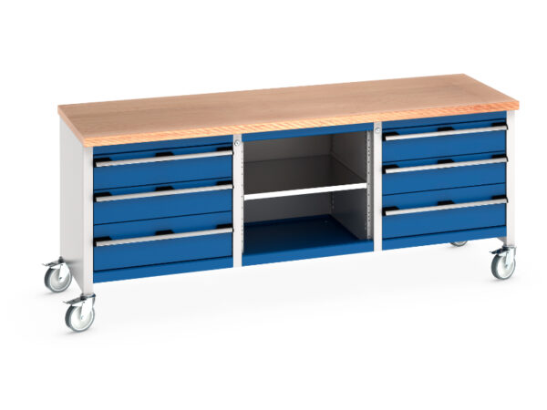 Rolling Workbench On Wheels with Drawers - Cubio Mobile Storage Bench (Mpx) 3 Drawers / Mid Shelf / 3 Drawers. WxDxH: 2000X750X840mm Ral 7035/5010 _SKU-41002130.11V