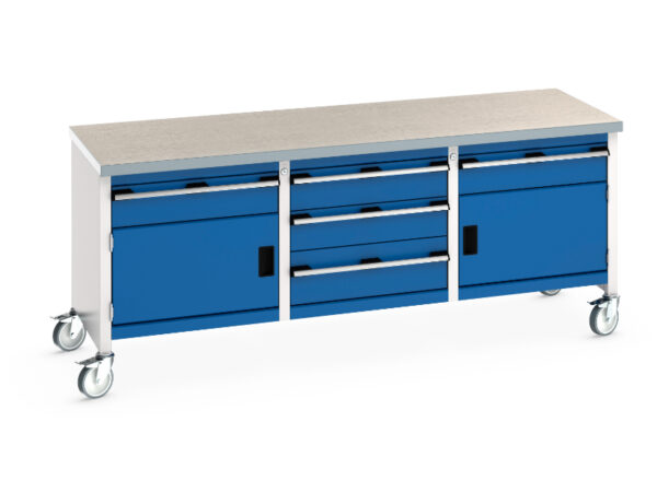 Portable Workbench On Wheels with Drawers - Cubio Mobile Storage Bench (Lino) 1 Drwr-Door / 3 Drw Cab / 1 Drwr-Door. WxDxH: 2000X750X840mm Ral 7035/5010 _SKU-41002135.11V