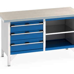 Metal Workbench with Drawers - Cubio Storage Bench (Lino) 3 Drawers / Mid Shelf. WxDxH: 1500X750X840mm Ral 7035/5010 _SKU-41002167.11V