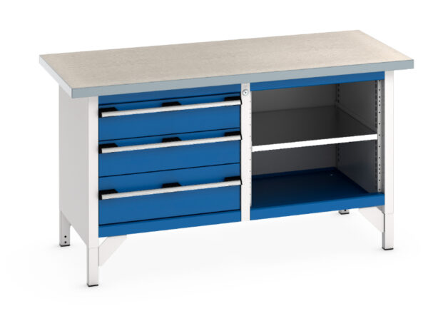 Metal Workbench with Drawers - Cubio Storage Bench (Lino) 3 Drawers / Mid Shelf. WxDxH: 1500X750X840mm Ral 7035/5010 _SKU-41002167.11V