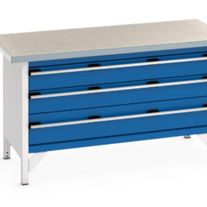 Workbench Metal Drawers - Cubio Storage Bench (Lino) 3 Full Width Drawers. WxDxH: 1500X750X840mm Ral 7035/5010 _SKU-41002170.11V