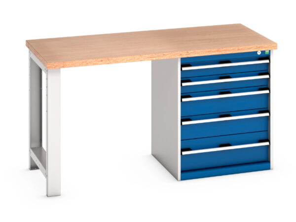 Hevay Duty Workbench with Storage Cabinet - Cubio Pedestal Bench (Mpx) with 5 Drawer Pedestal Storage Cabinet. WxDxH: 1500X750X840mm Ral 7035/5010 _SKU-41003133.11V