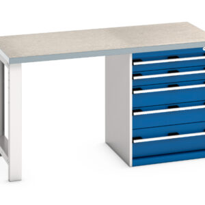 Hevay Duty 5 Drawer Cupboard Storage Workbench - Cubio Pedestal Bench (Lino) with 5 Drawer Pedestal Storage Cabinet. WxDxH: 1500X750X840mm Ral 7035/5010 _SKU-41003135.11V