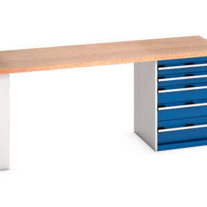 Heavy Duty Workbench with Drawers - Cubio Pedestal Bench (Mpx) with 5 Drawer Pedestal Storage Cabinet. WxDxH: 2000X750X840mm Ral 7035/5010 _SKU-41003229.11V