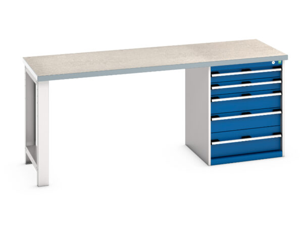 Bott Heavy Duty Bench with Storage Cabinet Built In - Cubio Pedestal Bench (Lino) with 5 Drawer Pedestal Storage Cabinet. WxDxH: 2000X750X840mm Ral 7035/5010 _SKU-41003231.11V