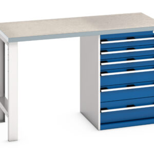 Heavy Duty Bott Workbenches withdrawers - Cubio Pedestal Bench (Lino) with 6 Drawer Pedestal Storage Cabinet. WxDxH: 1500X750X940mm Ral 7035/5010 _SKU-41003493.11V