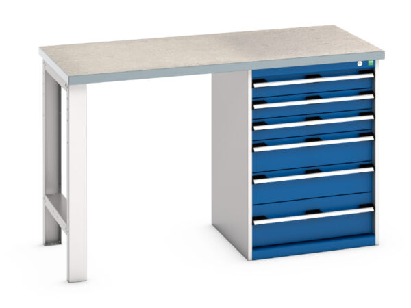 Heavy Duty Bott Workbenches withdrawers - Cubio Pedestal Bench (Lino) with 6 Drawer Pedestal Storage Cabinet. WxDxH: 1500X750X940mm Ral 7035/5010 _SKU-41003493.11V