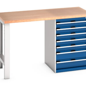 Workbench with Under Cupboard Storage - Cubio Pedestal Bench (Mpx) with 7 Drawer Pedestal Storage Cabinet. WxDxH: 1500X750X940mm Ral 7035/5010 _SKU-41003496.11V