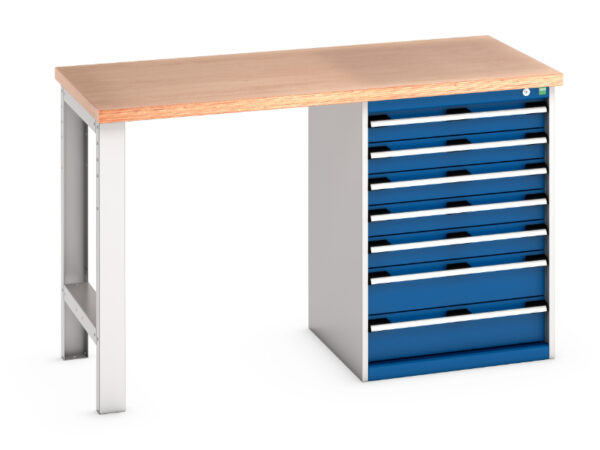 Workbench with Under Cupboard Storage - Cubio Pedestal Bench (Mpx) with 7 Drawer Pedestal Storage Cabinet. WxDxH: 1500X750X940mm Ral 7035/5010 _SKU-41003496.11V