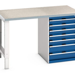 Industrial Workbench with Storage - Cubio Pedestal Bench (Lino) with 7 Drawer Pedestal Storage Cabinet. WxDxH: 1500X900X940mm Ral 7035/5010 _SKU-41003499.11V