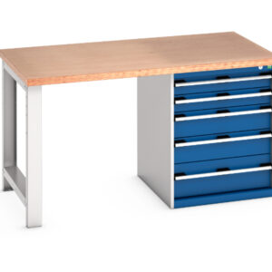Workbench with Storage Drawers And Storage Cabinet - Cubio Pedestal Bench (Mpx) with 5 Drawer Pedestal Storage Cabinet. WxDxH: 1500X900X840mm Ral 7035/5010 _SKU-41004109.11V