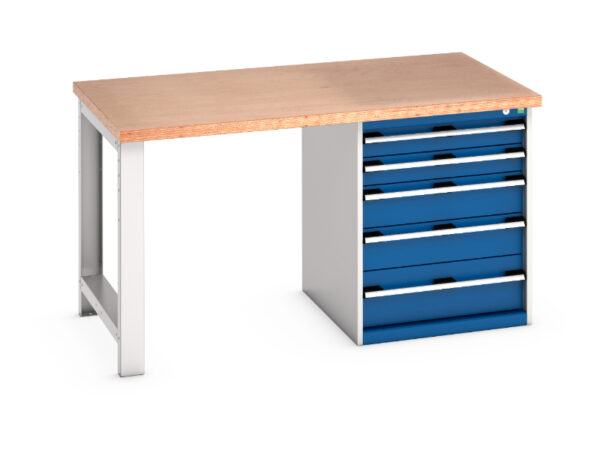 Workbench with Storage Drawers And Storage Cabinet - Cubio Pedestal Bench (Mpx) with 5 Drawer Pedestal Storage Cabinet. WxDxH: 1500X900X840mm Ral 7035/5010 _SKU-41004109.11V