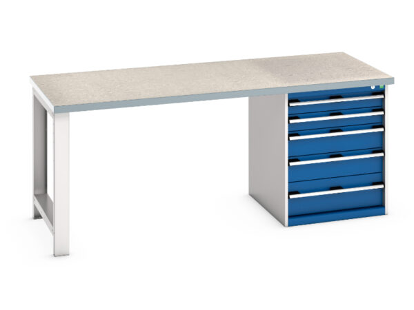 Workbench with 5 Drawers And 1 Cupboard Storage - Cubio Pedestal Bench (Lino) with 5 Drawer Pedestal Storage Cabinet. WxDxH: 2000X900X840mm Ral 7035/5010 _SKU-41004112.11V