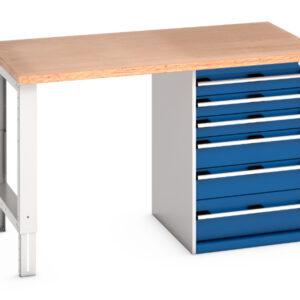 6 Drawer Industrial Workbench - Cubio Pedestal Bench (Mpx) with 6 Drawer Pedestal Storage Cabinet. WxDxH: 1500X900X940mm Ral 7035/5010 _SKU-41004117.11V
