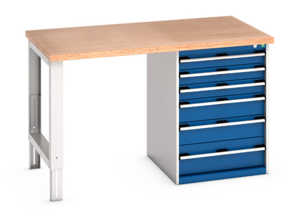 6 Drawer Industrial Workbench - Cubio Pedestal Bench (Mpx) with 6 Drawer Pedestal Storage Cabinet. WxDxH: 1500X900X940mm Ral 7035/5010 _SKU-41004117.11V