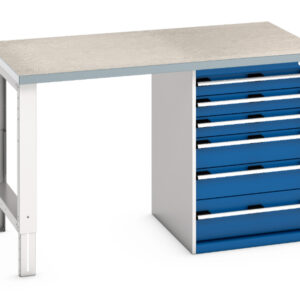 Workbench with 6 Drawers And 1 Cupboard Storage - Cubio Pedestal Bench (Lino) with 6 Drawer Pedestal Storage Cabinet. WxDxH: 1500X900X940mm Ral 7035/5010 _SKU-41004118.11V