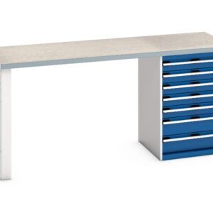 Workbench with 7 Drawers And 1 Cupboard Storage - Cubio Pedestal Bench (Lino) with 7 Drawer Pedestal Storage Cabinet. WxDxH: 2000X750X940mm Ral 7035/5010 _SKU-41004122.11V