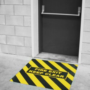 Fire Escape Floor Markings - Fire Exit Keep Area Clear Anti-Slip Floor Sign Black / Yellow with Fire Exit Keep Clear text   SKU-F1276