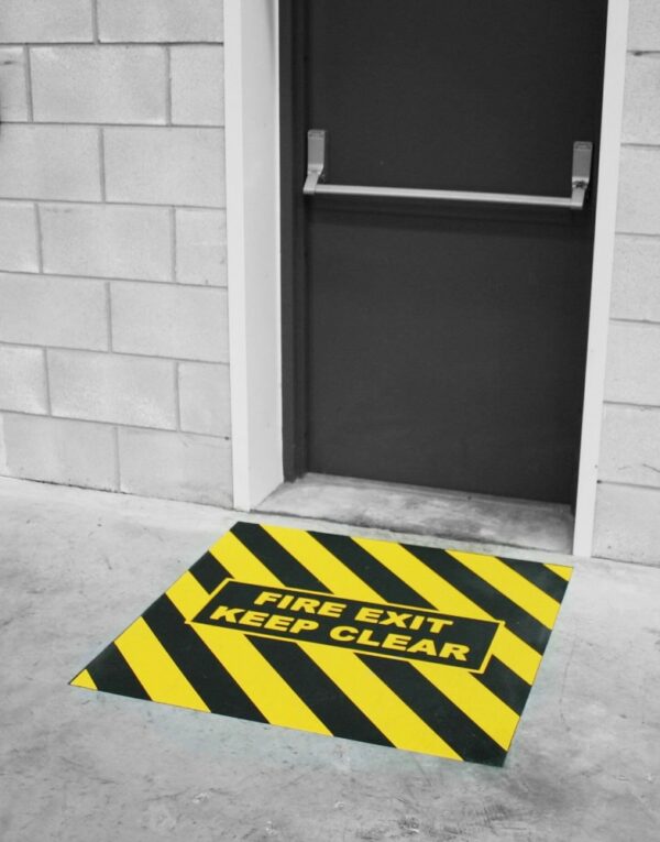 Fire Escape Floor Markings - Fire Exit Keep Area Clear Anti-Slip Floor Sign Black / Yellow with Fire Exit Keep Clear text   SKU-F1276