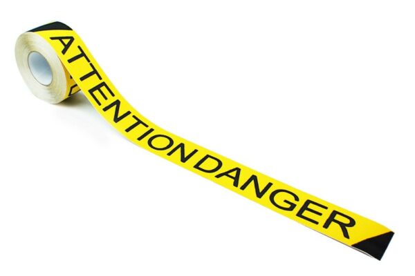 Warning Floor Tape with ATTENTION DANGER text 75mm x 18.3m  SKU-F1228-YEL-ATTENTION-75